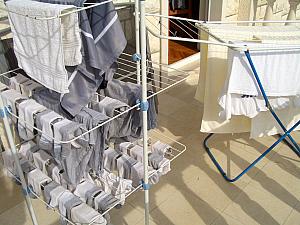 Here's an example of how we hang our laundry to dry out on our balcony. At least when it's warm/sunny outside. Most of the last two months, we have instead hung the laundry inside.