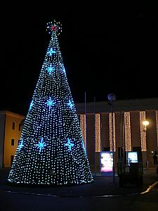 The christmas tree/cone on display in town, by the theater