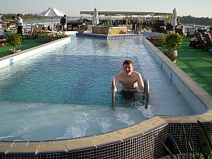 Kevin trying out the pool -- it was COLD.