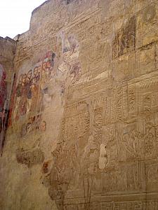 The Christians covered the Egyptian carvings on this wall with their own mural -- only a little bit of it remains in the top left section. 