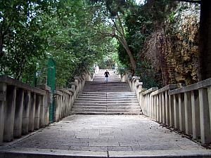 Running down several flights of steps back into Meje.