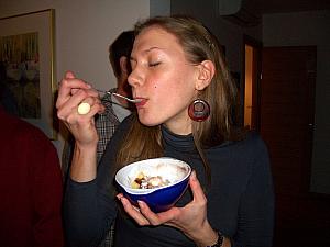 Milda thoroughly enjoying her ice cream sundae.