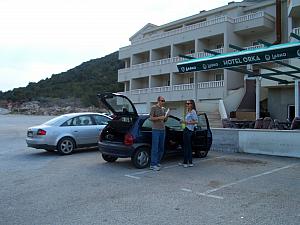 Stopping for a quick break while in our 15-minute drive in Bosnia and Herzegovina (in the town of Neum).

We wondered what the border patrol thought of a carload handing him a Croatian, a Lithuianian and two American passports :). 