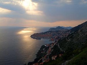 View of Dubrovnik from a viewpoint just south of town, just before sunset.