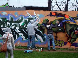 Berlin is full of graffiti, but some of it is very interesting. We caught these guys in the act of putting the final touches on Donatello, a Teenage Mutant Ninja Turtle! We believe graffiti is not illegal in Berlin. 