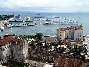 Atop the Sveti Duje cathedral. You can see the palace walls which visitors will hopefully be able to walk atop in the next few years, and the port.