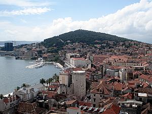 Atop the Sveti Duje cathedral. You can see one tower of the original fortress in the front, and Marjan Park in the back.