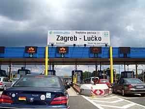 Exiting the toll road near Zagreb. To drive from Split to Zagreb costs about 150kune ($30). You travel about 350 kilometers.