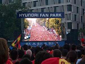 TV screen giving good perspective of the number of people on the street. Newspapers estimated 700,000 watched the match here!! There were at least four long streets jammed like this.