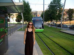 Catching the tram back to Bilbao's train station -- too hot for a 30-minute walk back :)