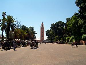 Koutoubia mosque as seen from the edge of Djemaa el fna (the main square) in Morcco's old town - the medina.