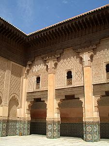 Visiting Ben Youssef Medersa, a 16th century Koran school. Completely covered with carvings and mosaics. Very beautiful.