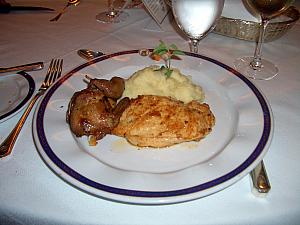 Kelly's main course: quail, chicken and mashed potatoes. Verdict: chicken > quail. Quail just tasted like poor quality dark meat chicken.