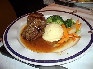 Jay's main course: Two filet mignon's, mashed potatoes (and some ignored vegetables). Verdict: fantastic! I believe I ate 8 filet's on the trip! (And some form of beef every single night!)