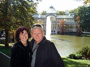 Mom and Dad in front of the Crystal Palace in Retiro Park