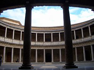 Alhambra - inside the Carlos V Palace -- when the Christians overthrew the Moors in the 1500s, they had to build their own palace here as well.  It was meant to have a domed roof, but the King ended this endeavor to instead build his palace at El Escorial.