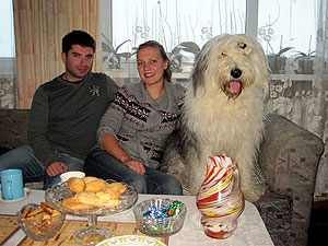 Mario, Milda and Baris Bariukas, Milda's family's sheepdog - he was always happy, and even thought he was a lap dog!