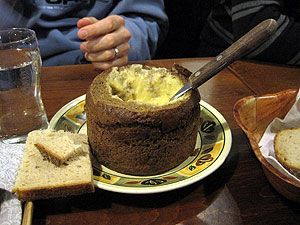 Yummy creamy chicken soup in a rye bread bowl. 