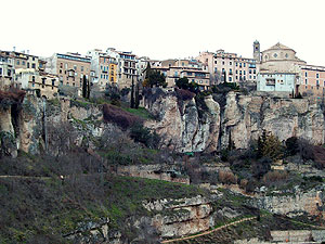 Cuenca's old town is perched up on a cliff. The houses built right up out of the cliff side are called hanging houses - "casas colgadas"