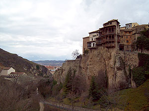 Cuenca's old town is perched up on a cliff. The houses built right up out of the cliff side are called hanging houses - "casas colgadas"