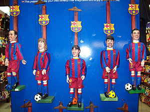 Puppets in Prague that represent the Barcelona Soccer Team