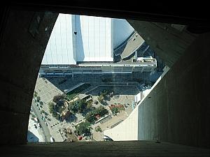 Looking down to the ground through the see-through tower.