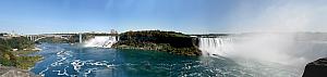 A panoramic shot showing both falls with so-named Goat Island in the middle. 