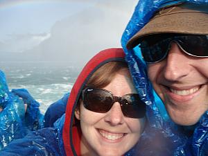 On the Maid of the Mist -- getting soaked in the basin of the Horsehoe Falls! Part of your ride fee includes the blue ponchos.