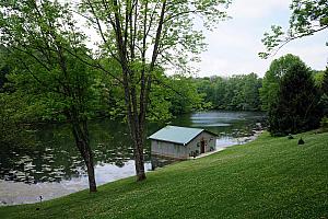 View of the dock and lake at our cabin -the Woodland Retreat, just outside the thriving metropolis of Laurel, Indiana.