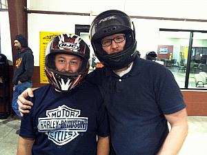 Keith in his motorcycle helmet and Craig modeling the stock helmet. Happy 30th, Keith - we drove go carts to celebrate.