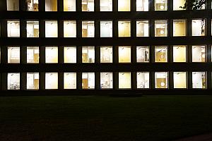 Another interesting building on MIT's campus. The whole building's facade was full of whole-room windows, and every room was fully lit up. 