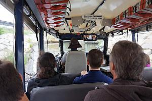 Here we are entering the river in our bus/boat.