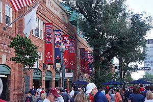 Entering the stadium, and seeing Boston's world series champion banners on displayl.