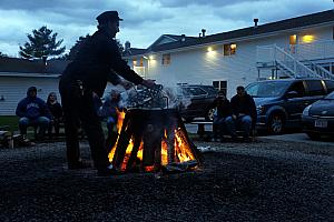 The cooking of the fish is an elaborate presentation. We arrived a half hour early to witness the boiling. The fish and potatoes are placed in a cast-iron kettle. When the water comes to a boil the potatoes, kept in a wire basket, are lowered in.

