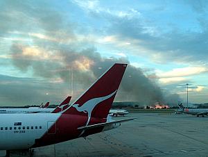 Looking out the windows from Melbourne's Airport -- a fire! We were told this was a controlled bush fire. We're on our way to Sydney.