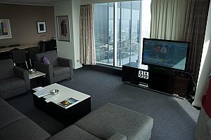 March 26: Our posh three-bedroom apartment in Sydney, on the 68th floor of a skyscraper! Kevin did a great job finding this place, which was a better deal than average individual hotel rooms.