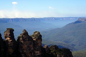March 27: after a two-hour train ride, we're off to go hiking in the Blue Mountains. Seen here, a rock formation known as The Three Sisters