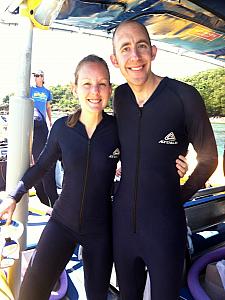Kelly and Jay showing off our stinger suits!
