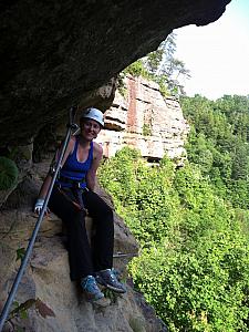 Katie taking a rest while she waits her turn to exit the course.