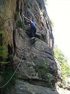 Katie beginning her descent.