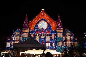 Music Hall lit up for Lumenocity 2013