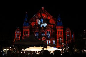 Music Hall lit up for Lumenocity 2013