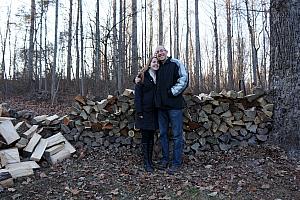 Jay and little sister Julie for an impromptu demo shot; showing off all the wood that we just finished chopping (ha ha)