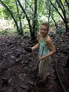 Kelly is holding up a "cacao frutas" (aka a cocoa fruit aka chocolate) that fell from the tree above us. Yes, chocolate grows on trees! The monkeys (didn't get a good photo of them) loved these fruits, go figure.