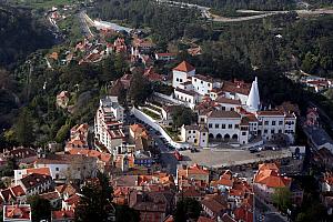 View of Sintra from Castle of the Moors; prominent building is the Sintra National Palace.