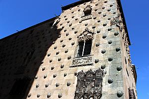 The Casa de las Conchas (House of Shells) -- built by a knight of the Order of Santiago de Compestela (Order of St. James). The scallop shell is a key symbol associated with St. James, i.e. "Santiago".