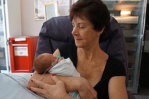 June 5: Grammy Klocke getting to hold Capri for the first time!