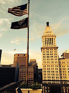 Atop the Federal Reserve building -- this is where Adam and Katie have an apartment.