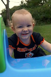 Excited to go down the slide!