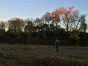 Trekking across a field at dusk.